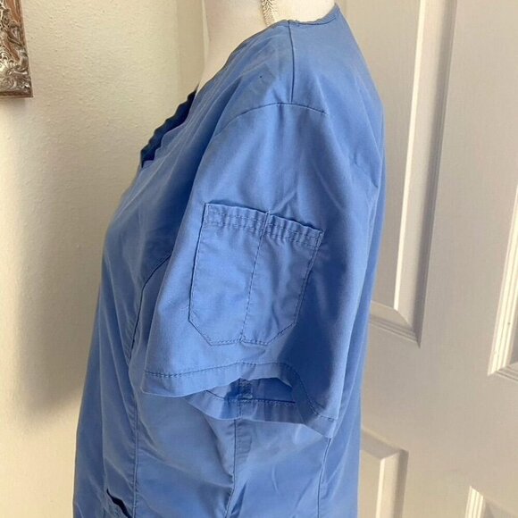 Landau Stretch V-Neck Scrub Top Ceil Blue 4 Pockets Healthcare Nurses Uniform - Picture 6 of 9